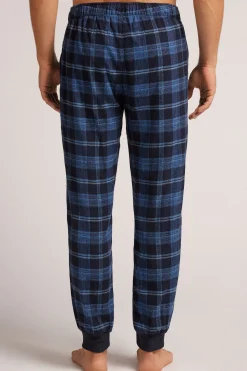 Pantaloni Tela di Cotone Garzata Stampa Check Blu Denim