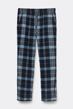 Pantaloni Tela di Cotone Garzata Stampa Check Nero Celeste