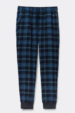 Pantaloni Tela di Cotone Garzata Stampa Check Blu Denim