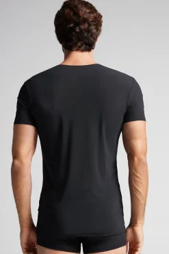 T-shirt in Microrete Taglio Vivo con Scollo a V